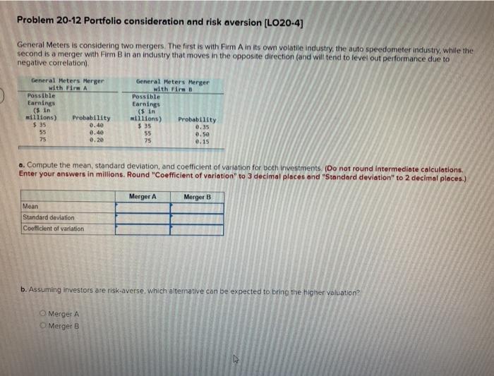  Problem 20-12 Portfolio consideration and risk aversion (LO20-4) General Meters is