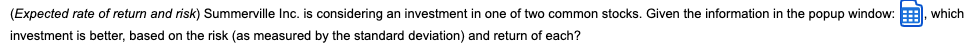 PROBABILITY RETURN 0.20 10% 0.60 14% 0.20 18% COMMON STOCKB PROBABILITY RETURN