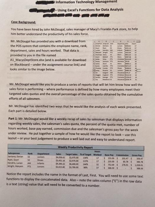  Information Technology Management - Using Excel's Functions for Data Analysis Case
