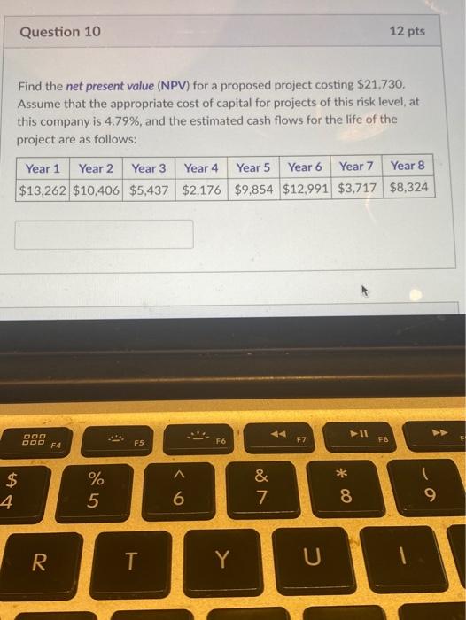  Question 10 12 pts Find the net present value (NPV) for