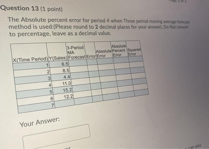  Question 13 (1 point) The Absolute percent error for period 4