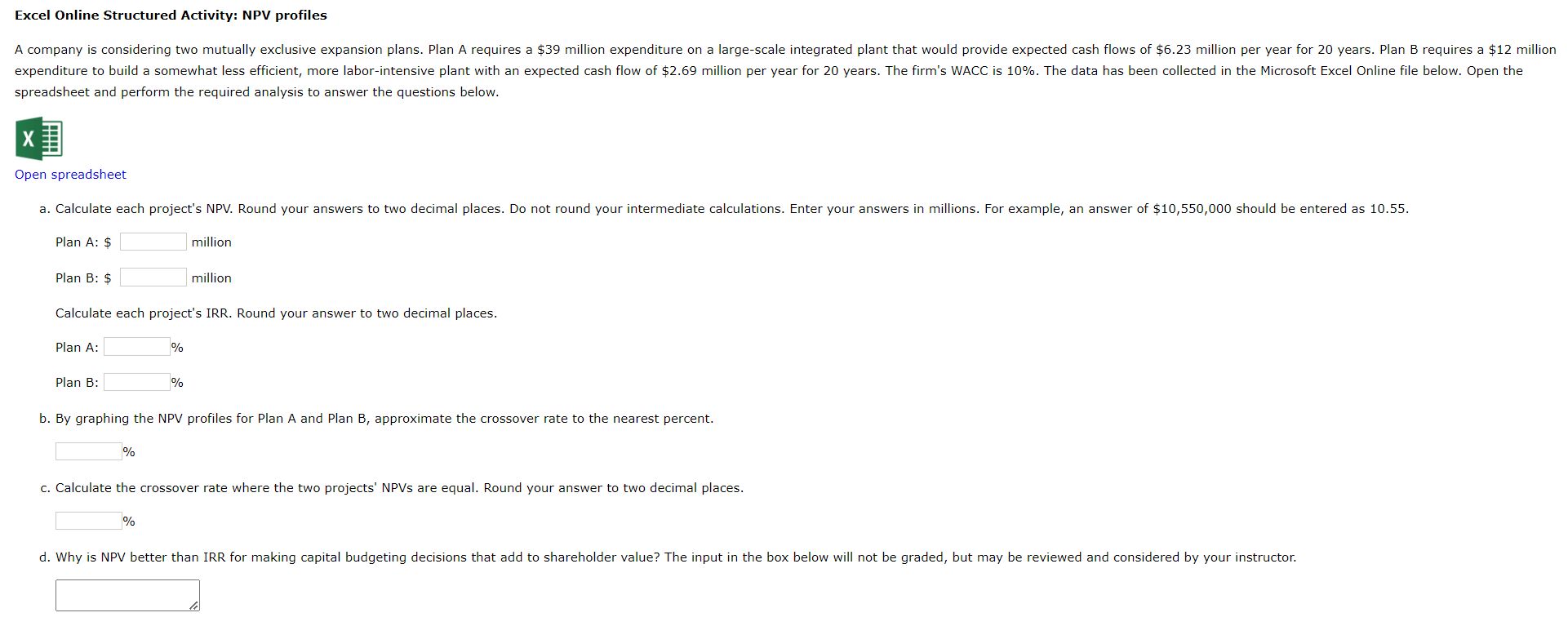  Excel Online Structured Activity: NPV profiles spreadsheet and perform the required