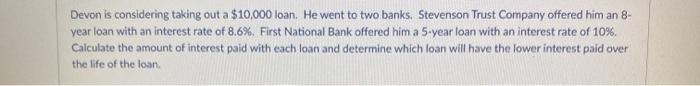 Devon is considering taking out a $10,000 loan. He went to