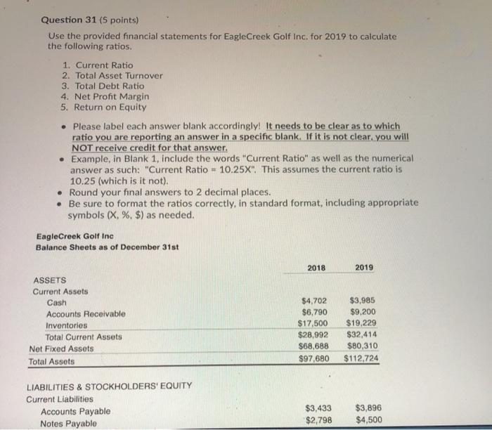  Question 31 (5 points) Use the provided financial statements for Eagle