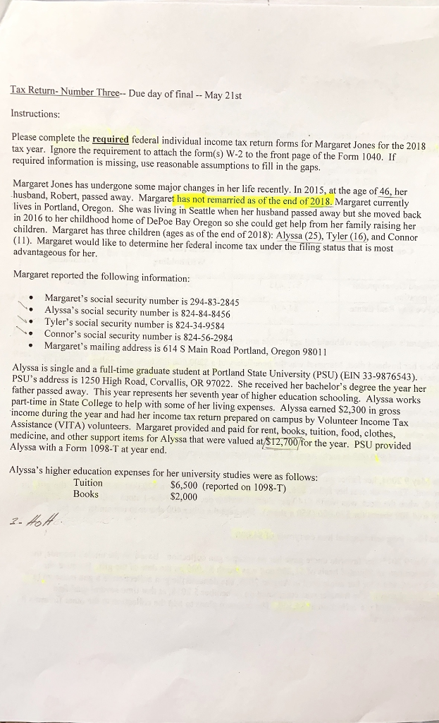 Need help with this project please Tax Return- Number Three- Due