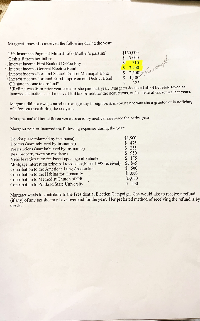 income tax return forms for Margaret Jon for the 2018 tax year.