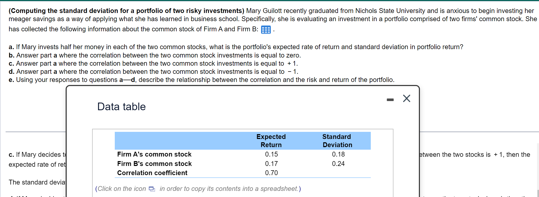 (Computing the standard deviation for a portfolio of two risky investments)