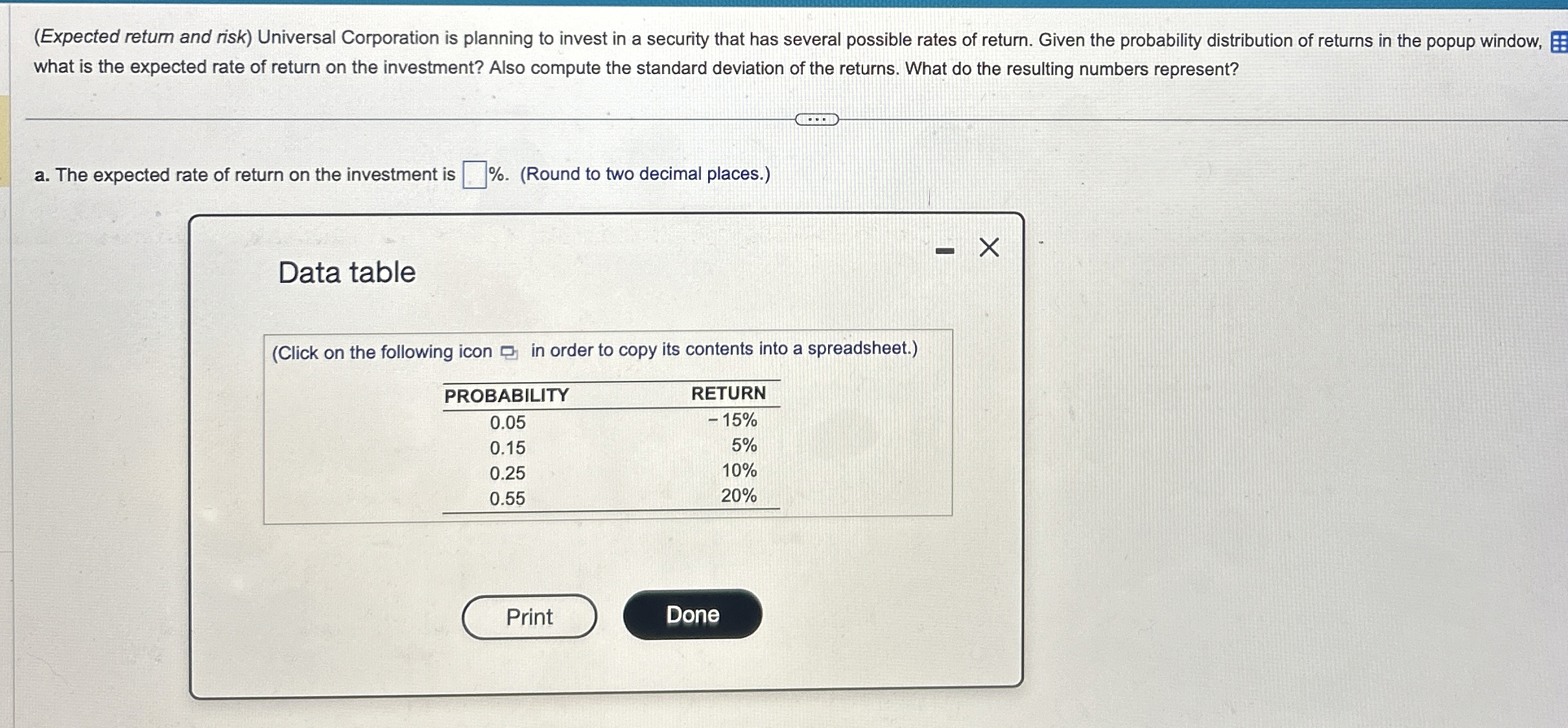  (Expected return and risk) Universal Corporation is planning to invest in