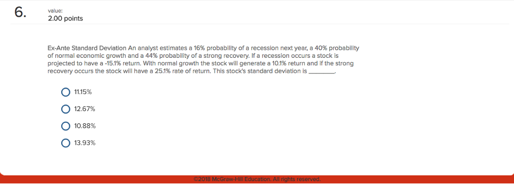 Please show work value: 2.00 points Ex-Ante Standard Deviation An analyst estimates