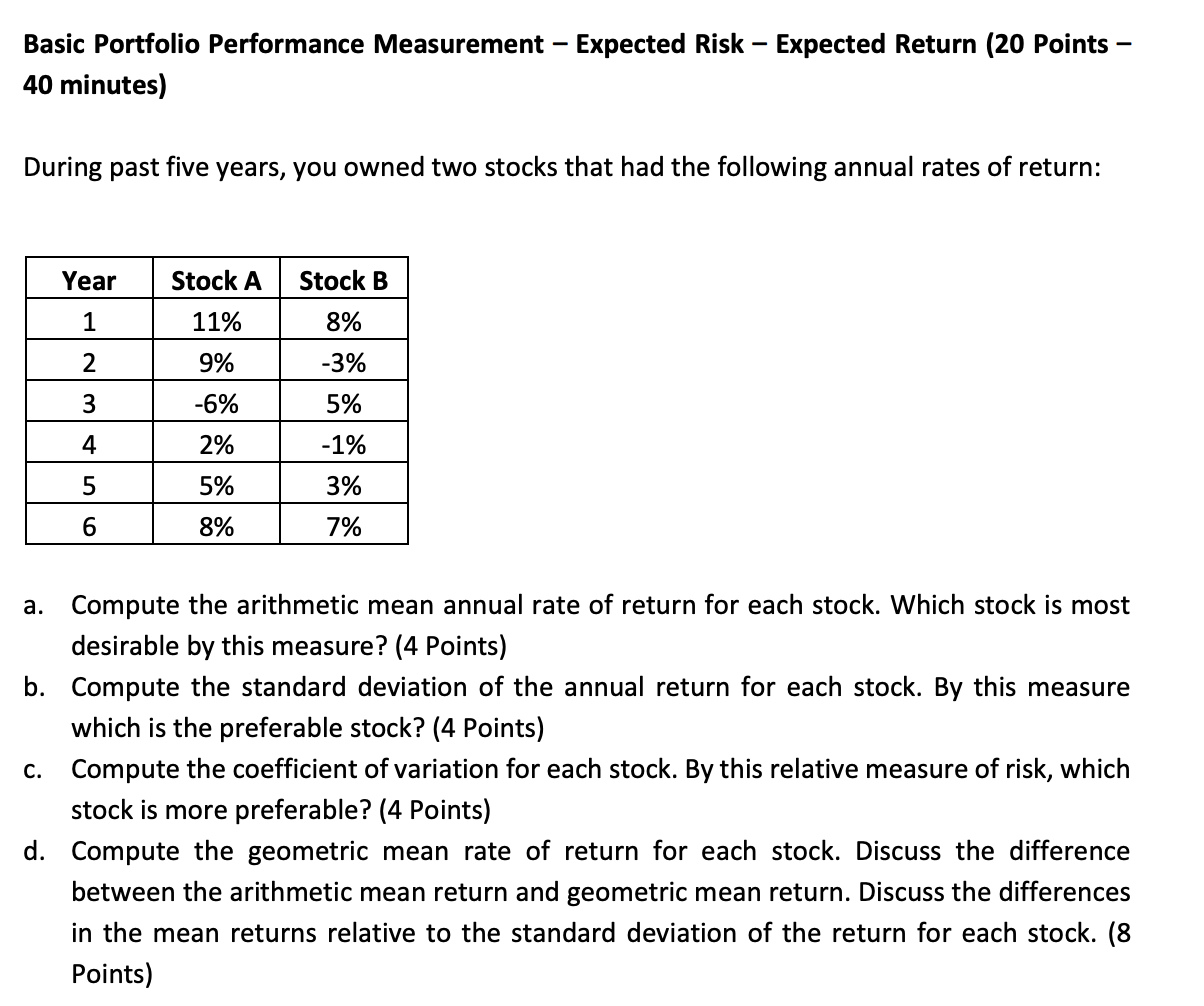 please hand writing solutions. Basic Portfolio Performance Measurement Expected Risk Expected Return