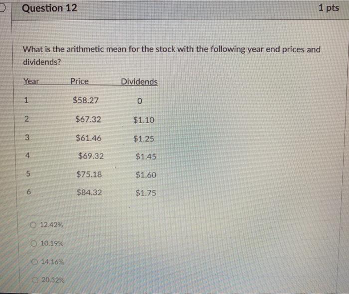  Question 12 1 pts What is the arithmetic mean for the