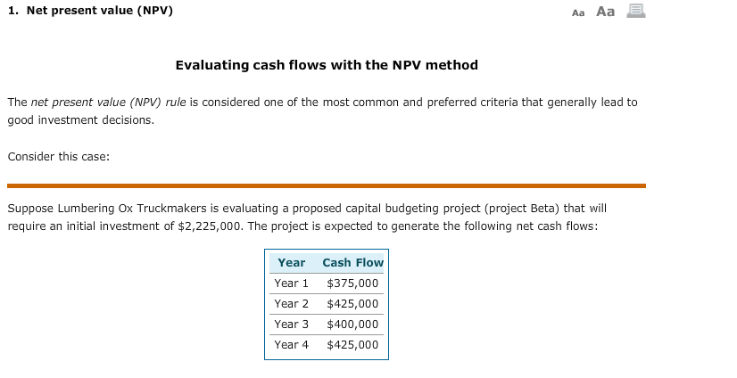 1. Net present value (NPV) 1. Net present value (NPV) Aa Aa