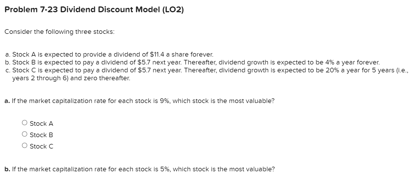  Problem 7-23 Dividend Discount Model (LO2) Consider the following three stocks: