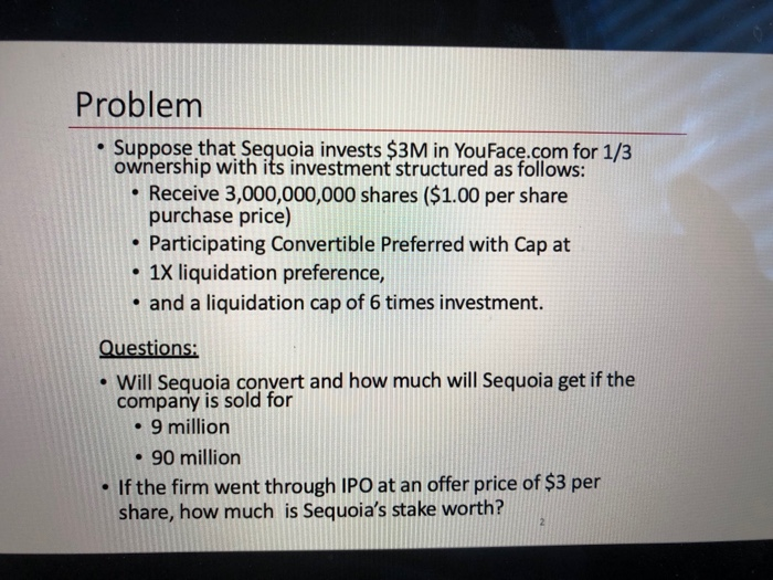  Problem . Suppose that Sequoia invests $3M in YouFace.com for 1/3