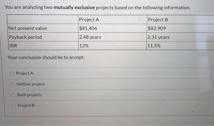  You are analyzing two mutually exclusive projects based on the following
