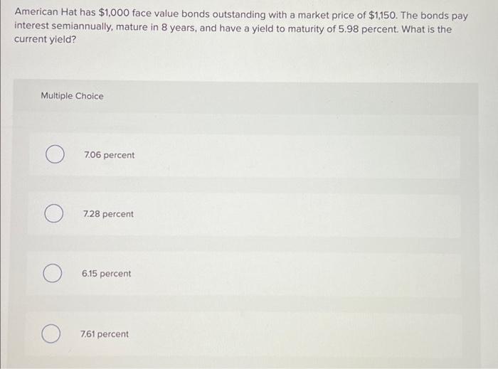  American Hat has $1,000 face value bonds outstanding with a market