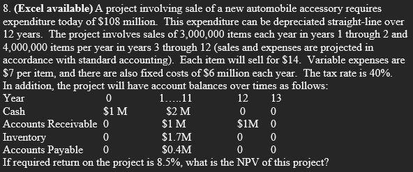  Show work using Excel please. 8. (Excel available) A project involving