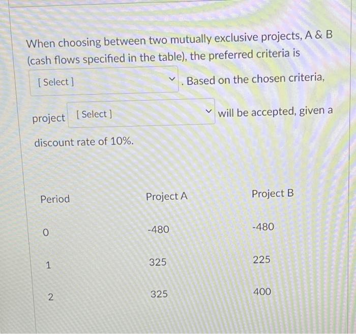  When choosing between two mutually exclusive projects, A & B (cash