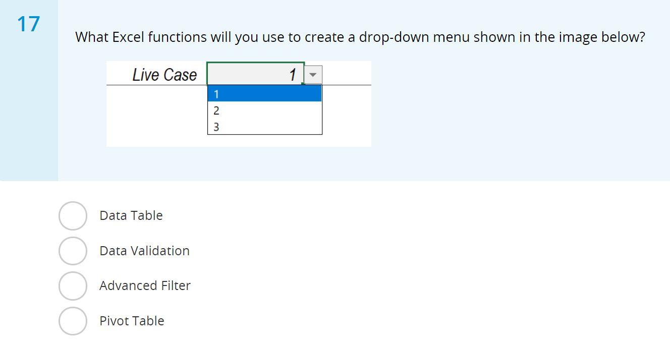 17 What Excel functions will you use to create a drop-down