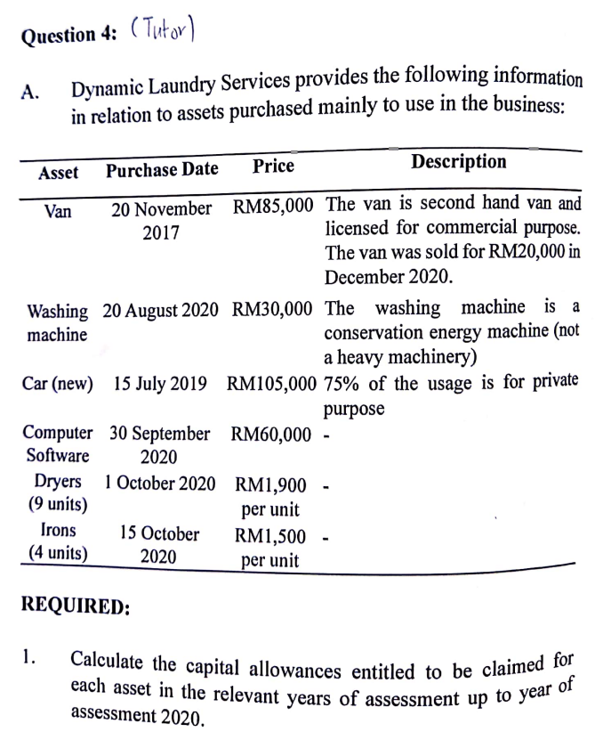 Question 4: (Tutor) A. Dynamic Laundry Services provides the following information