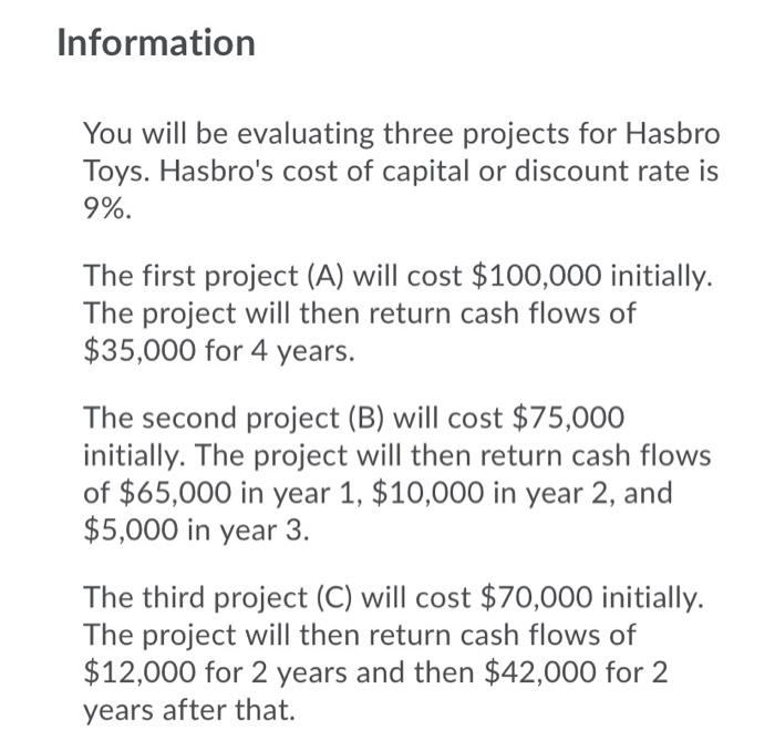  Information You will be evaluating three projects for Hasbro Toys. Hasbro's