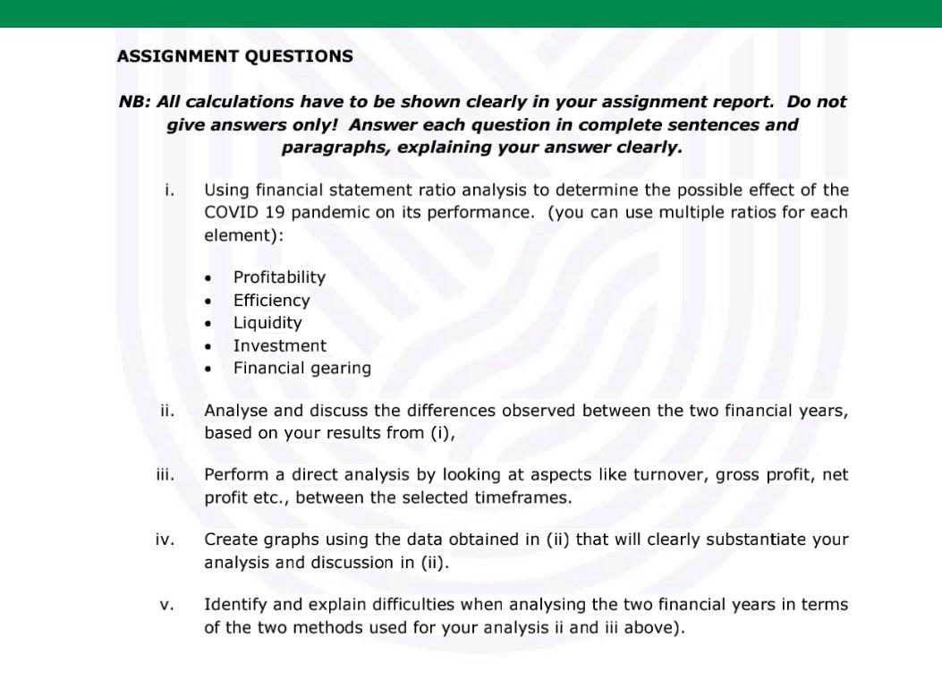 NB: All calculations have to be shown clearly in your assignment report.