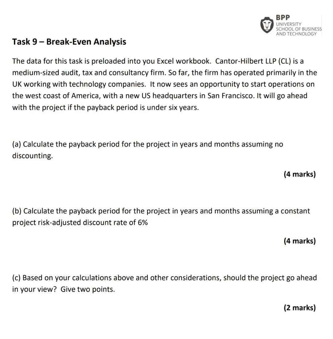  Task 9 - Break-Even Analysis The data for this task is