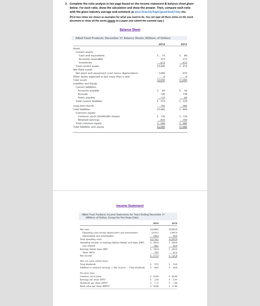  2. Complete the ratio analysis in last page based on the
