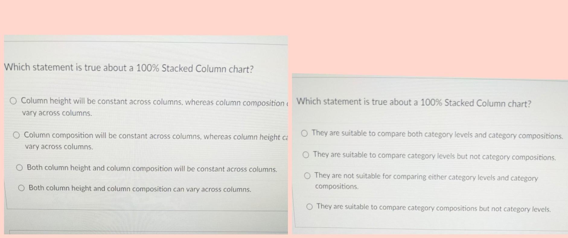  Which statement is true about a 100% Stacked Column chart? o