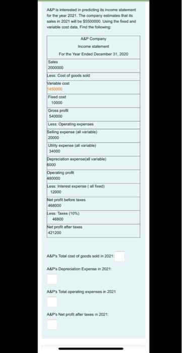  A&P is interested in predicting its income statement for the year