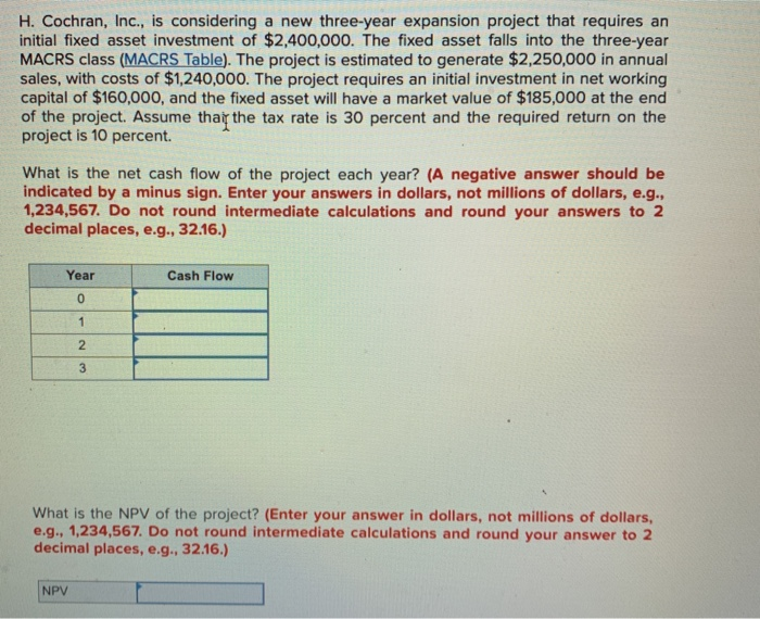 help please! H. Cochran, Inc., is considering a new three-year expansion project
