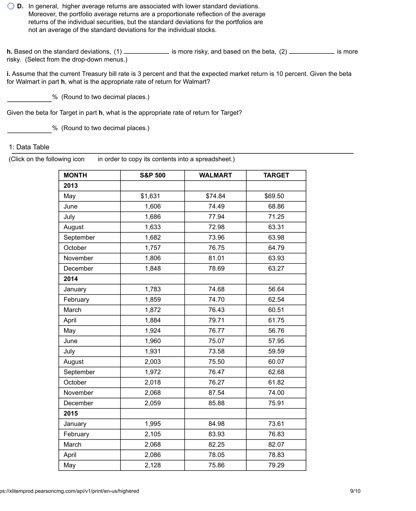 between the stock returns for Walmart and the returns for the S&P