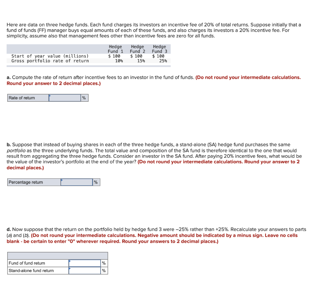 Here are data on three hedge funds. Each fund charges its