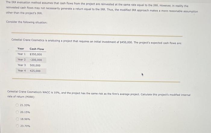  The IRR evaluation method assumes that cash flows from the project