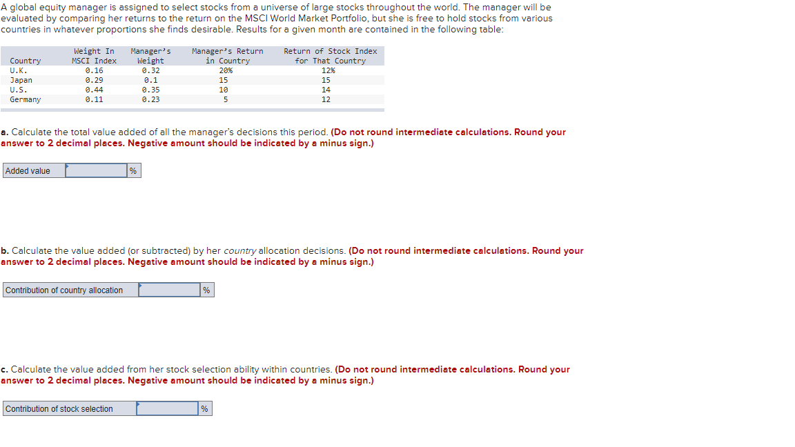  A global equity manager is assigned to select stocks from a