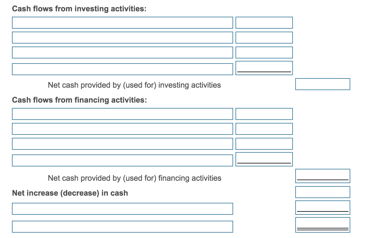of noncash investing and financing activities. Start by completing the cash flows