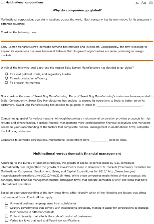 1. Multinational corporations Aa Aa Why do companies go global? Multinational