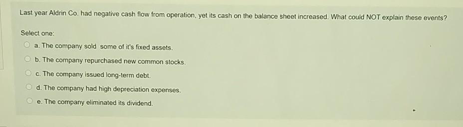  Last year Aldrin Co. had negative cash flow from operation, yet