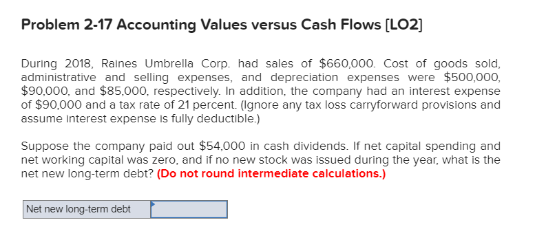  Problem 2-17 Accounting Values versus Cash Flows (LO2] During 2018, Raines