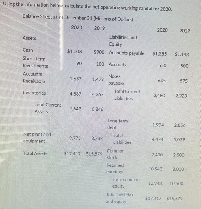  Using the information below, calculate the net operating working capital for