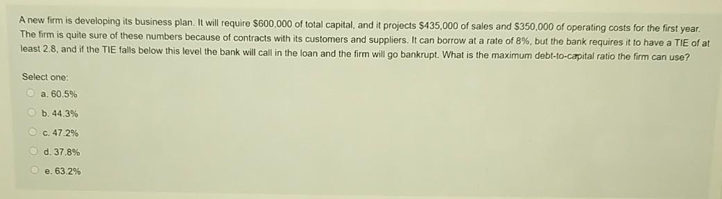  A new firm is developing its business plan. It will require