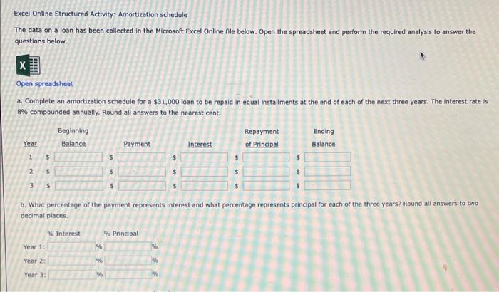 can you please solve this Excel Online Structured Activity: Amortization schedule The