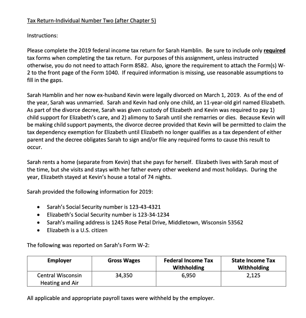 Please fill in form 1040 by using this information below; Tax Return-Individual