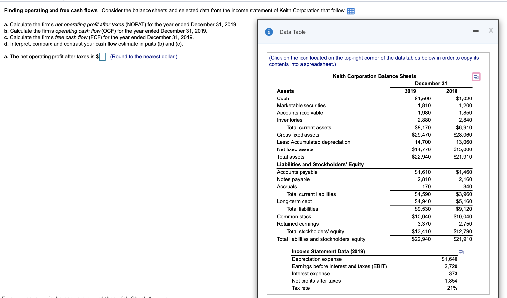 Please answer a-d Finding operating and free cash flows Consider the balance