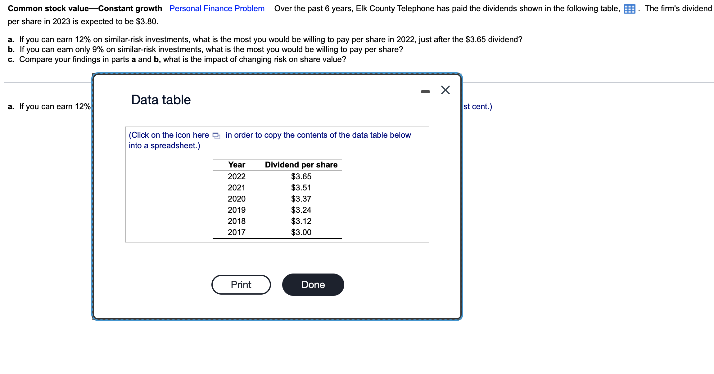 Problem Over the past 6 years, Elk County Telephone has paid the