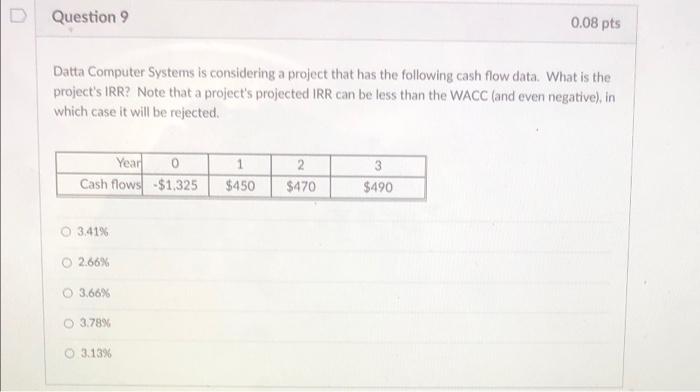  Question 9 0.08 pts Datta Computer Systems is considering a project
