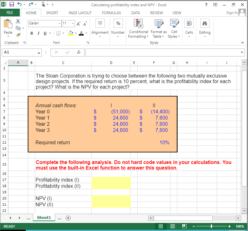 ***PROVIDE EXCEL FORMULA PLEASE*** ? el Calculating profitability index and NPV -