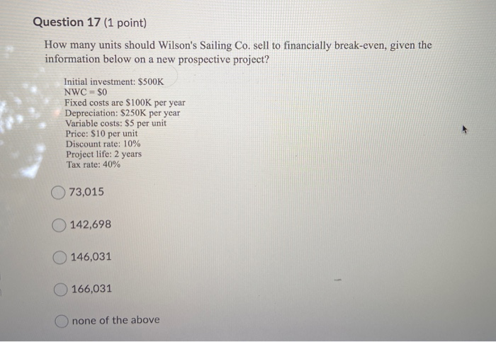  Question 17 (1 point) How many units should Wilson's Sailing Co.