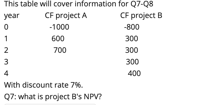 Q8: what is annualized EAC (annualized NPV) for project A? This