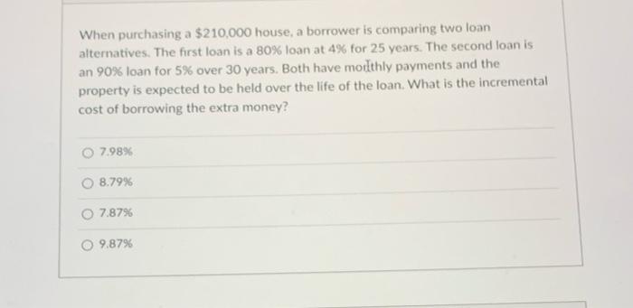  When purchasing a $210,000 house, a borrower is comparing two loan